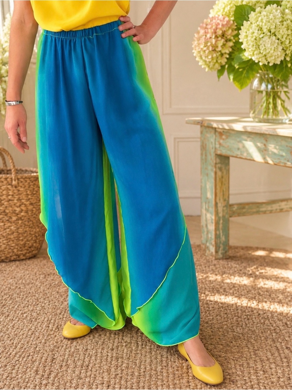🇨🇦Vintage Palazzo Pants• Gradient Lime to Teal• Layered• Fall• Resort Travel